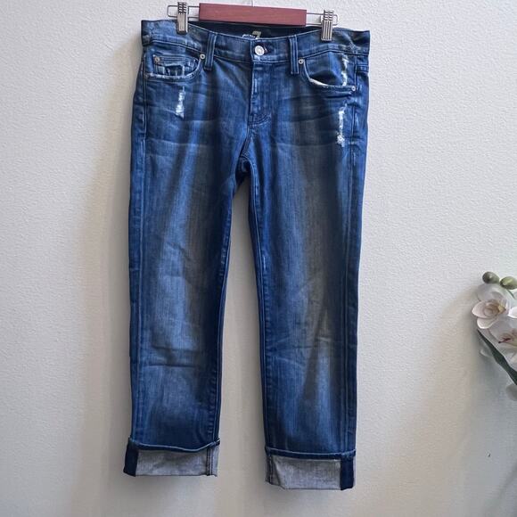 7 For All Mankind Crop Straight Leg Denim Blue Light Distressed Y2K Women's 26 - Picture 1 of 10
